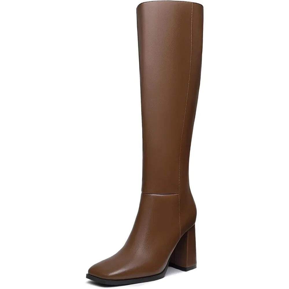 Women's Faux Leather Tan Square Toe Side Zipper Chunky Heel Knee High Boots